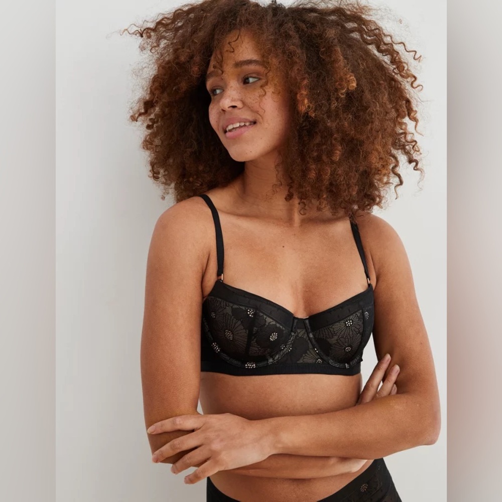 Aerie Black Floral Lace Balconette Bra Size 34B